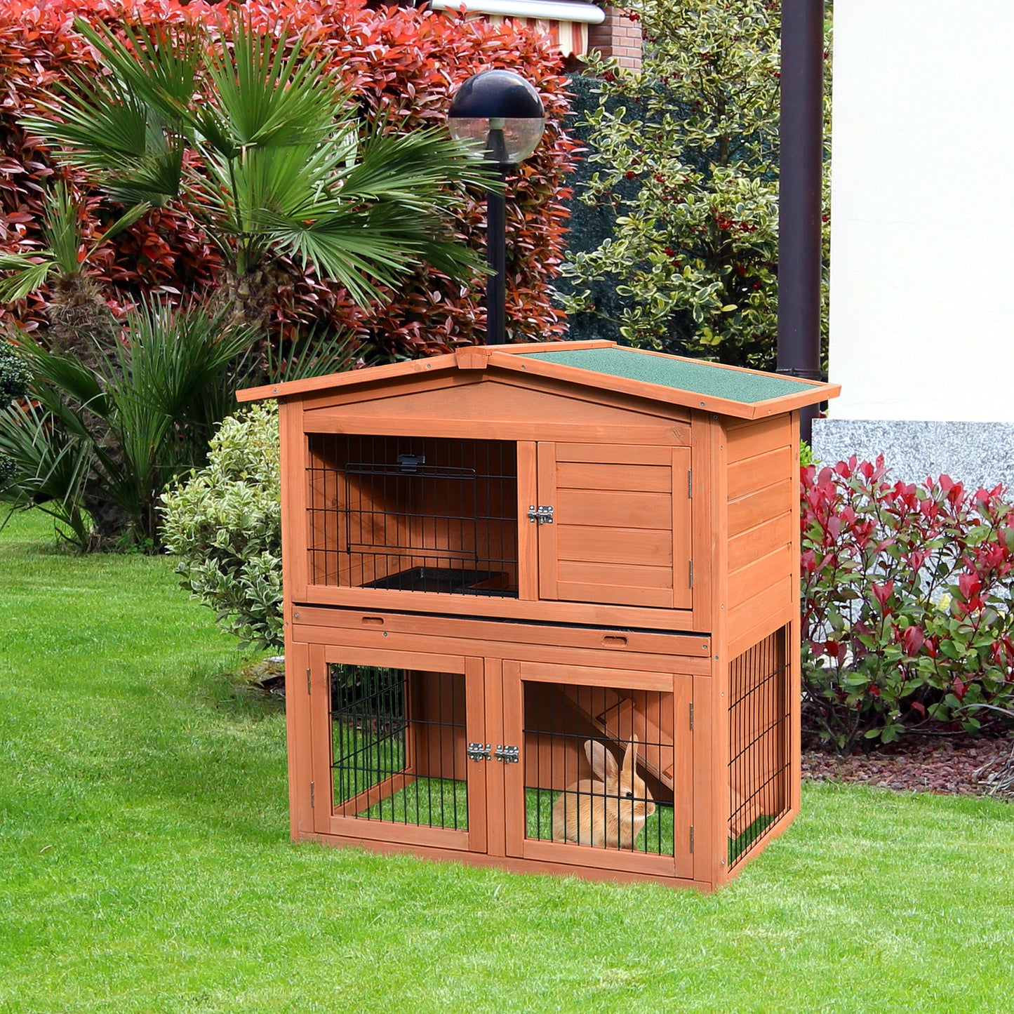 2-Tier Rabbit Hutch Outdoor, Large Guinea Pig Hutch, Bunny Cage with Ramp, Rabbit Run, Slide Out Tray for Indoor 100.5 x 55 x 101 cm