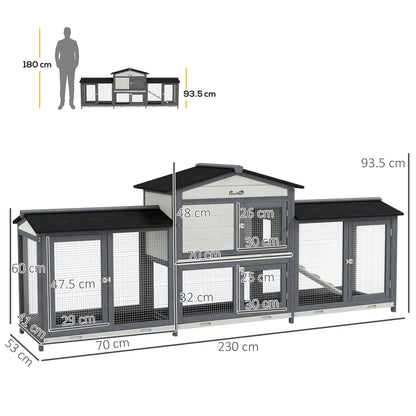 Large Rabbit Hutch Outdoor, 2-Tier Guinea Pig Hutch, Wooden Bunny Run, Small Animal House with Double Side Run Boxes, No-leak Plastic Tray, Ramp, 230 x 53 x 93.5cm, Light Grey