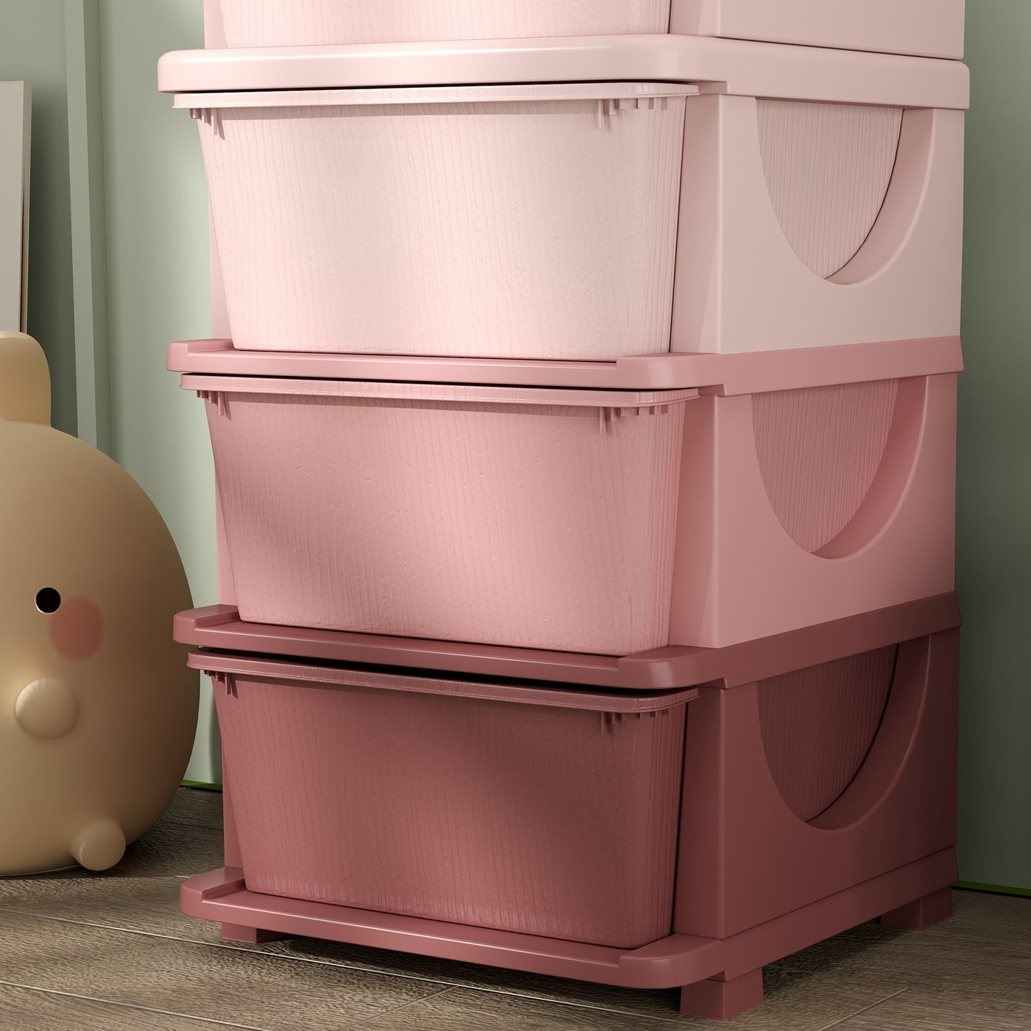 Four-Tier Kids Storage Boxes, Plastic Storage Units with Four Drawers, Pink