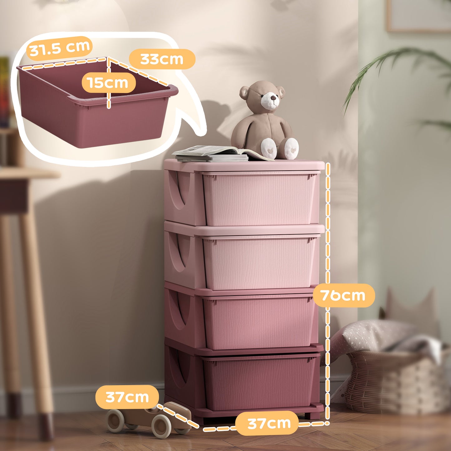 Four-Tier Kids Storage Boxes, Plastic Storage Units with Four Drawers, Pink