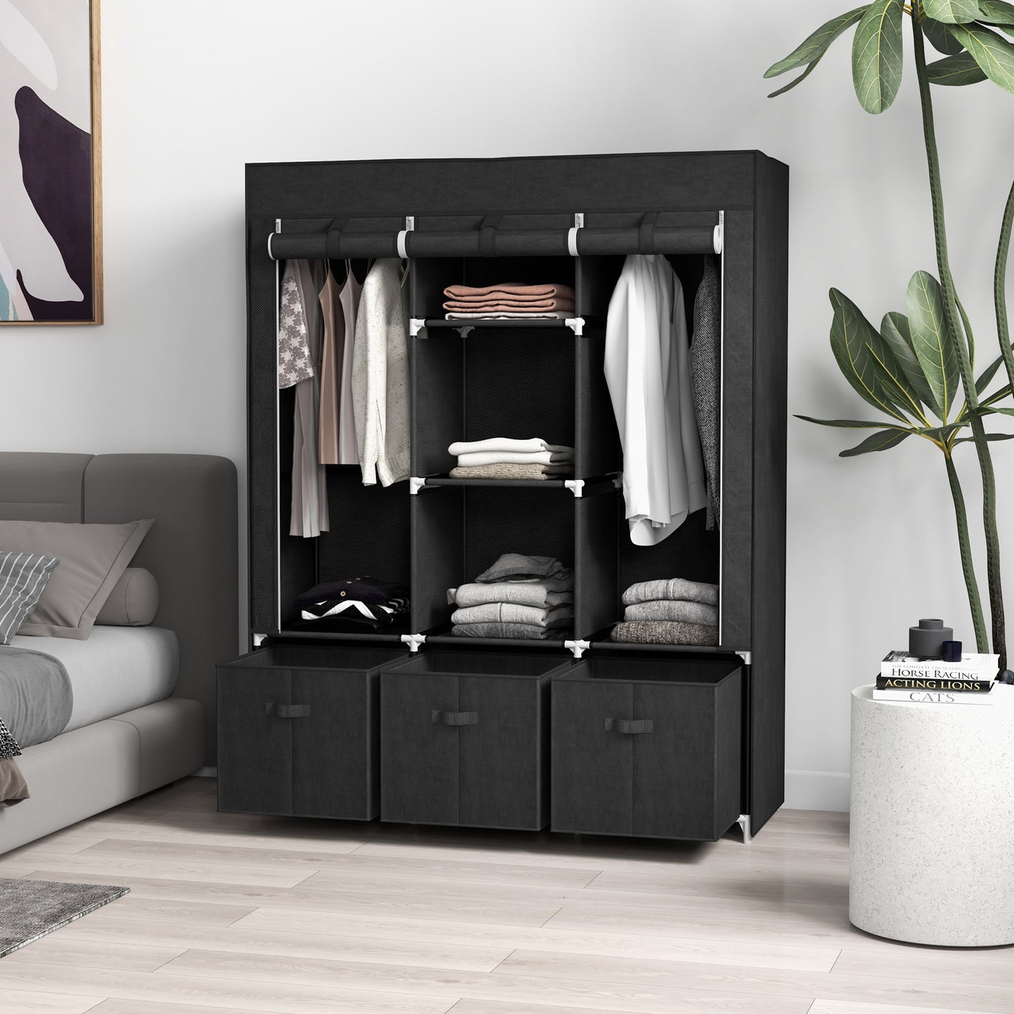 Portable Fabric Wardrobe with 5 Shelves and 3 Fabric Drawers, Black