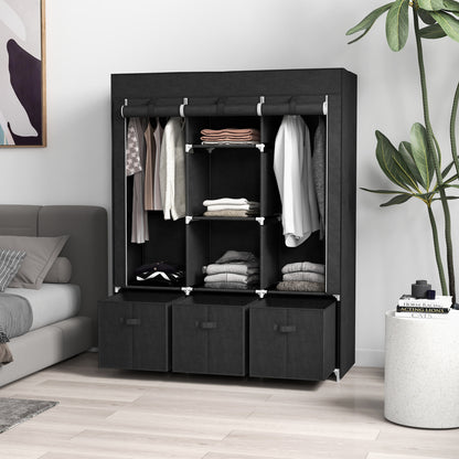 Portable Fabric Wardrobe with 5 Shelves and 3 Fabric Drawers, Black