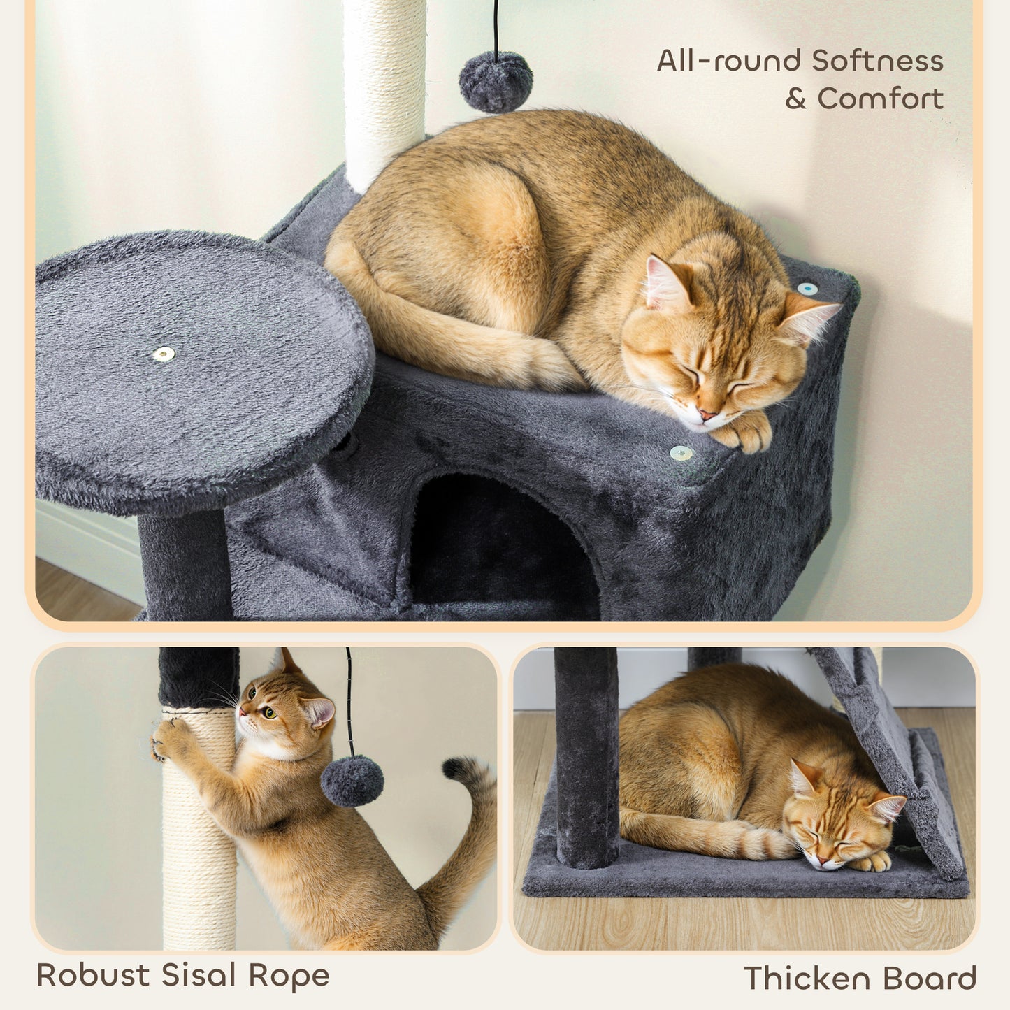 140cm Cat Tree with Sisal Scratching Posts, Cat Houses, Dark Grey
