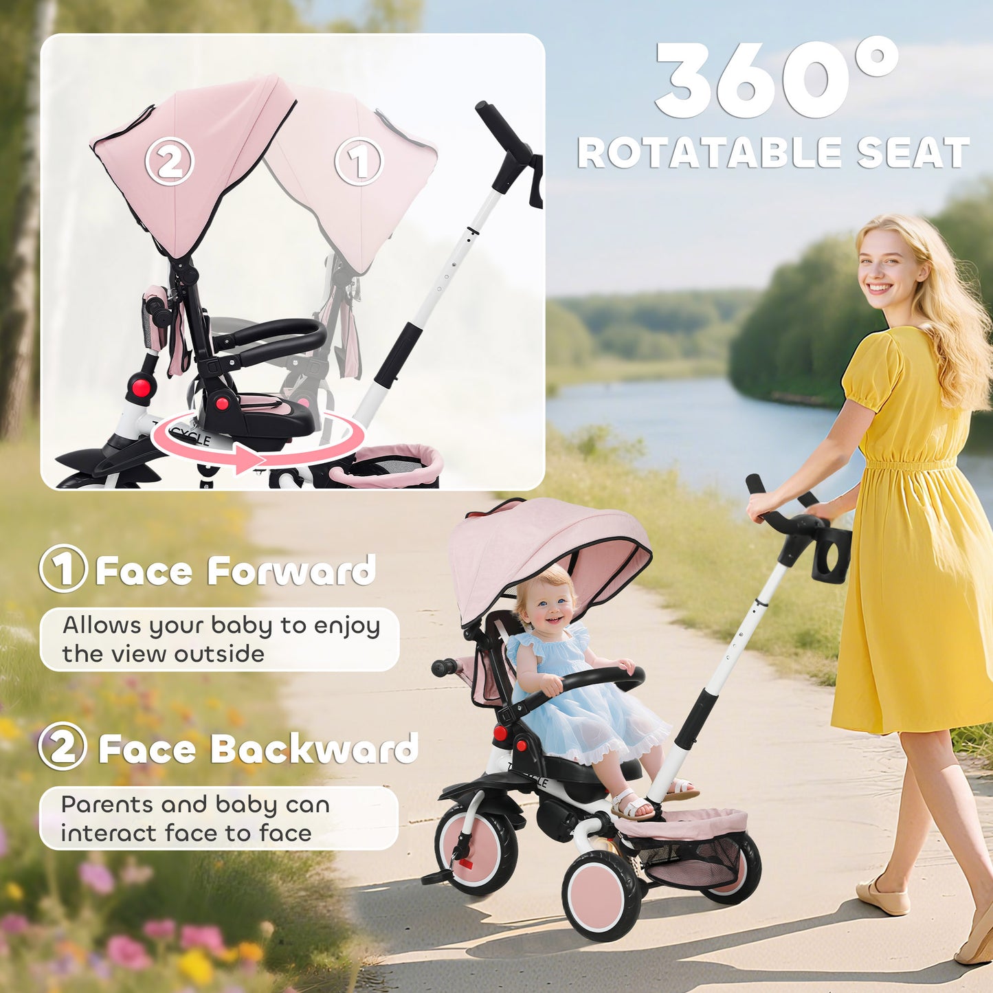 6 in 1 Kids Trike, Toddler Tricycle with Parent Handle, Pink
