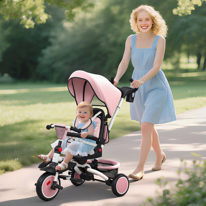 6 in 1 Kids Trike, Toddler Tricycle with Parent Handle, Pink