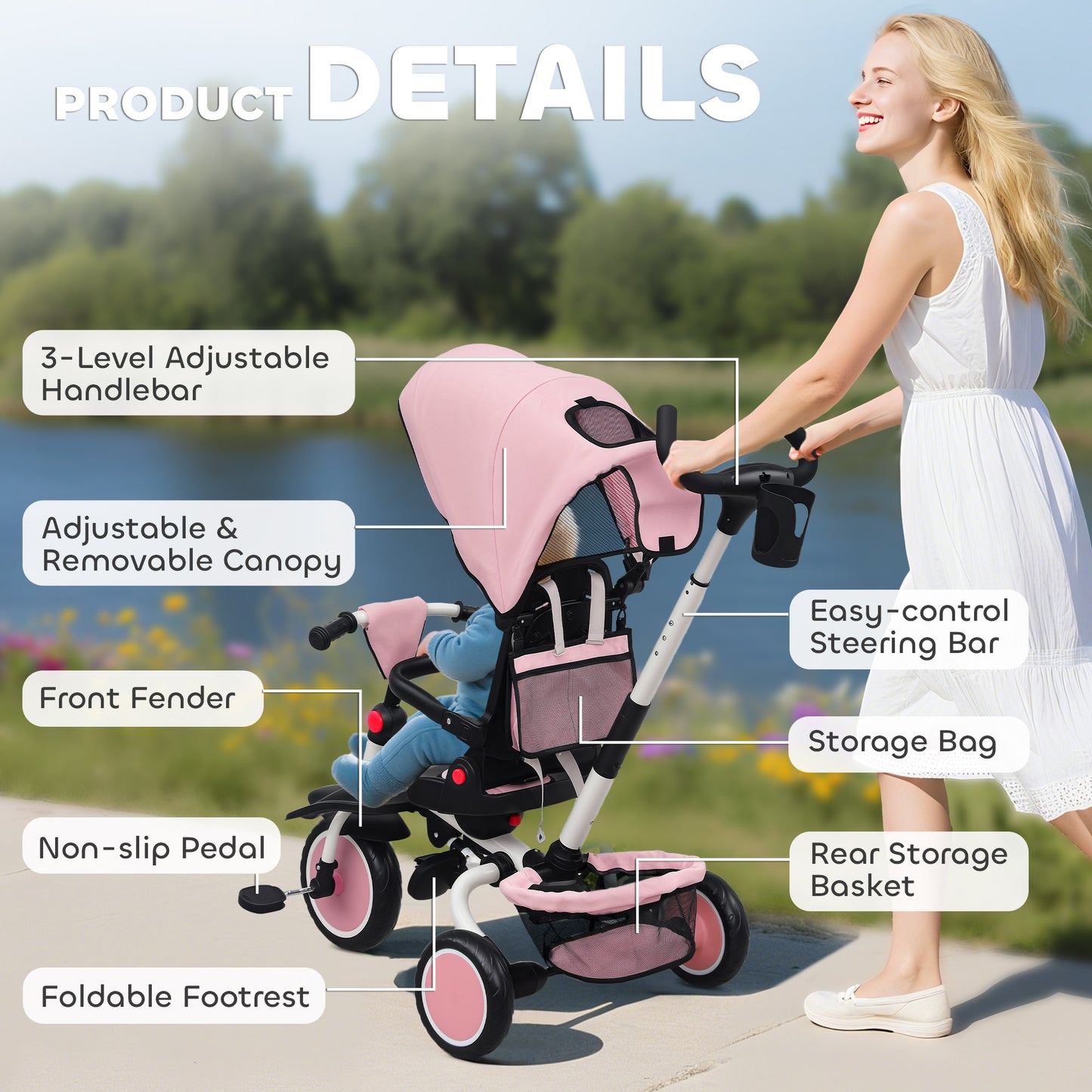 6 in 1 Kids Trike, Toddler Tricycle with Parent Handle, Pink