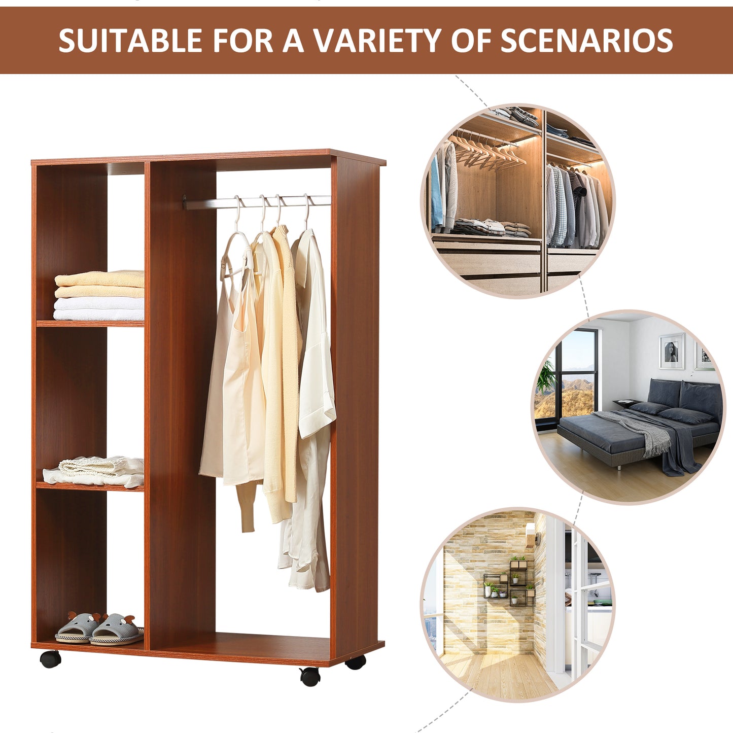 Rolling Open Wardrobe Hanging Rail Storage Shelves for Clothes, Walnut