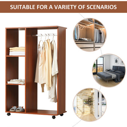 Rolling Open Wardrobe Hanging Rail Storage Shelves for Clothes, Walnut