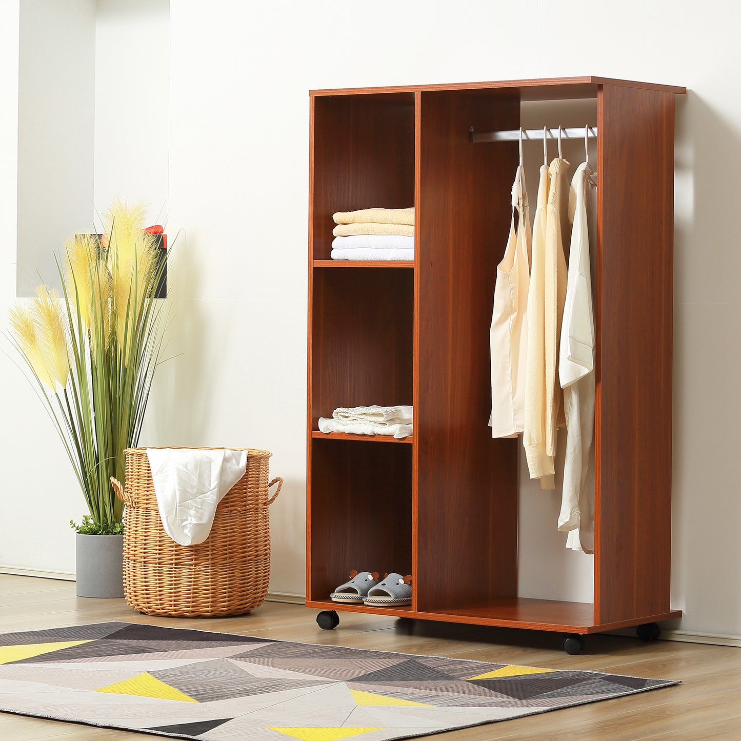 Rolling Open Wardrobe Hanging Rail Storage Shelves for Clothes, Walnut