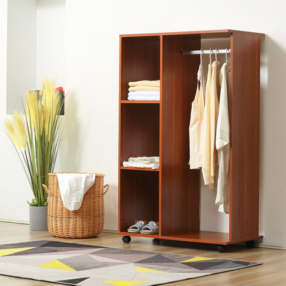 Rolling Open Wardrobe Hanging Rail Storage Shelves for Clothes, Walnut