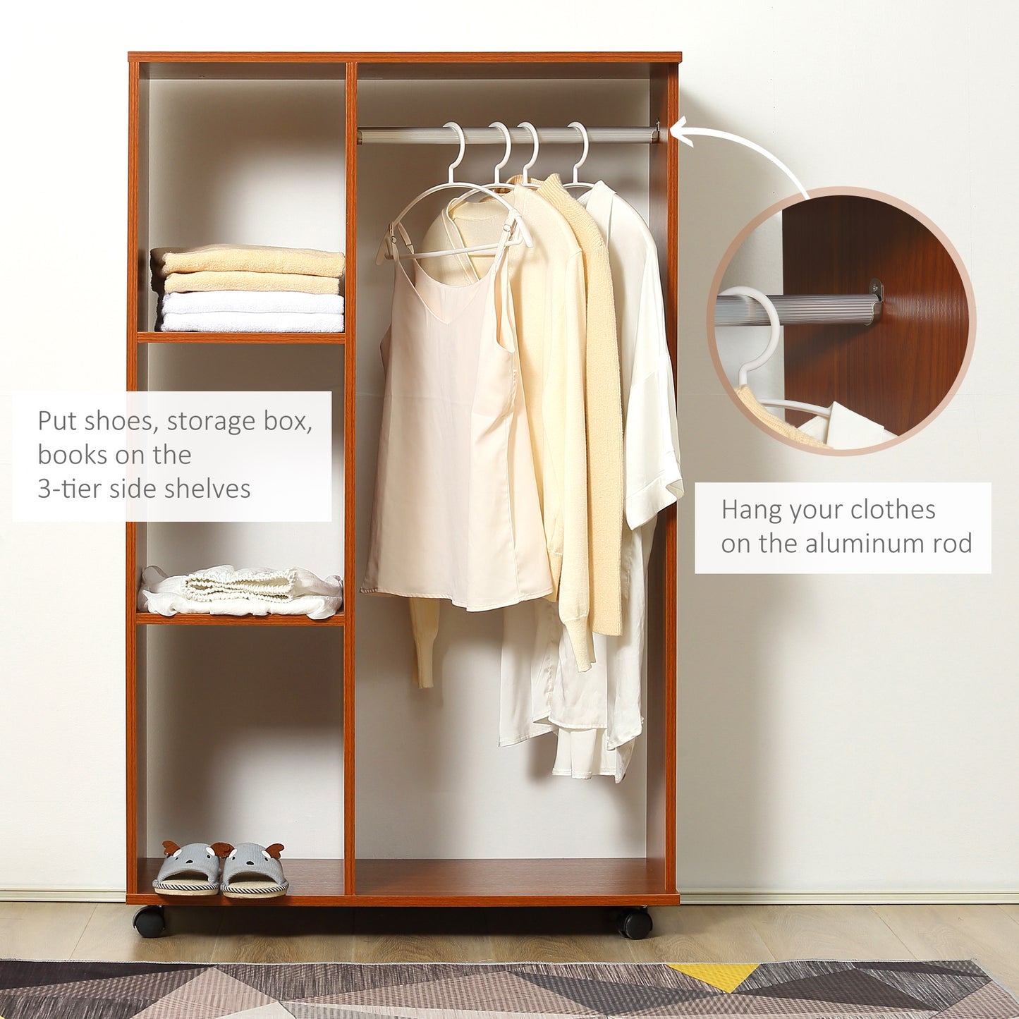 Rolling Open Wardrobe Hanging Rail Storage Shelves for Clothes, Walnut