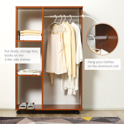 Rolling Open Wardrobe Hanging Rail Storage Shelves for Clothes, Walnut