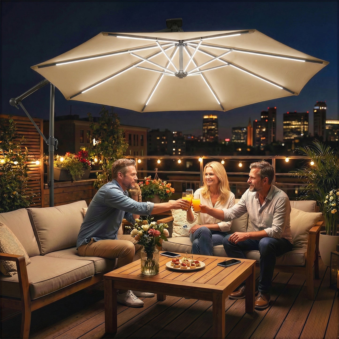 3 m Garden Cantilever Parasol with Solar Light, Rotation, Khaki