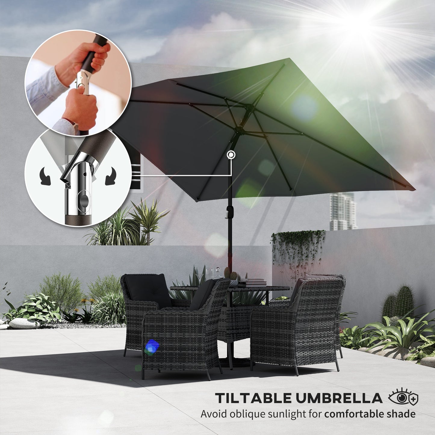 Garden Parasol, Outdoor Umbrella with Tilt Function, Dark Grey