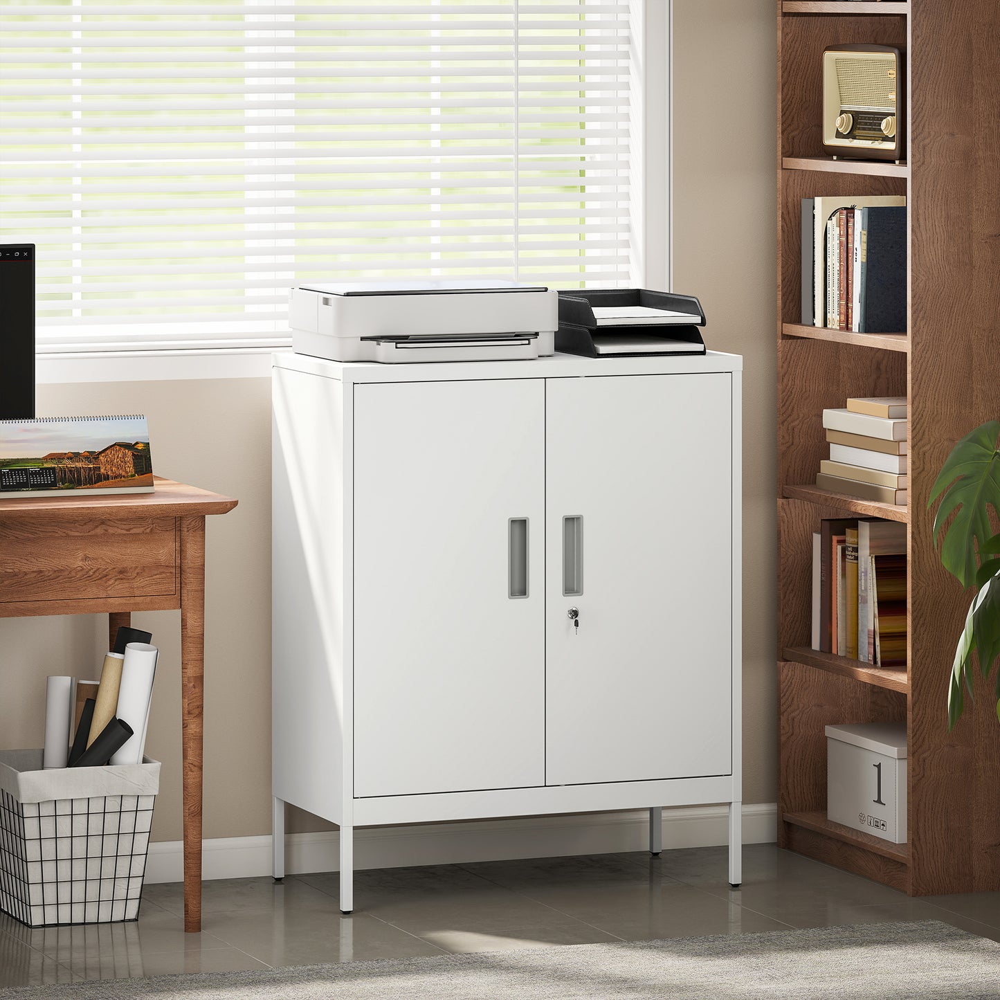 Metal Storage Cabinet with Lock for Home Office, Garage, Study, White