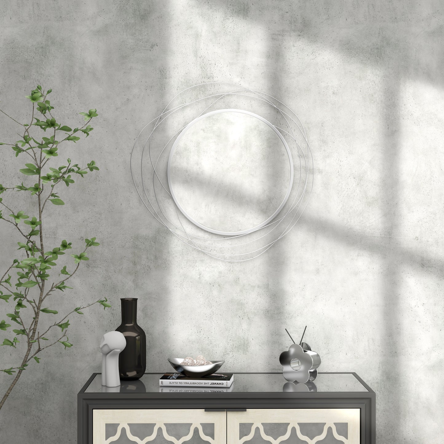 Metal Wall Art 65cm Round Mirror for Living Room Dining Room Silver