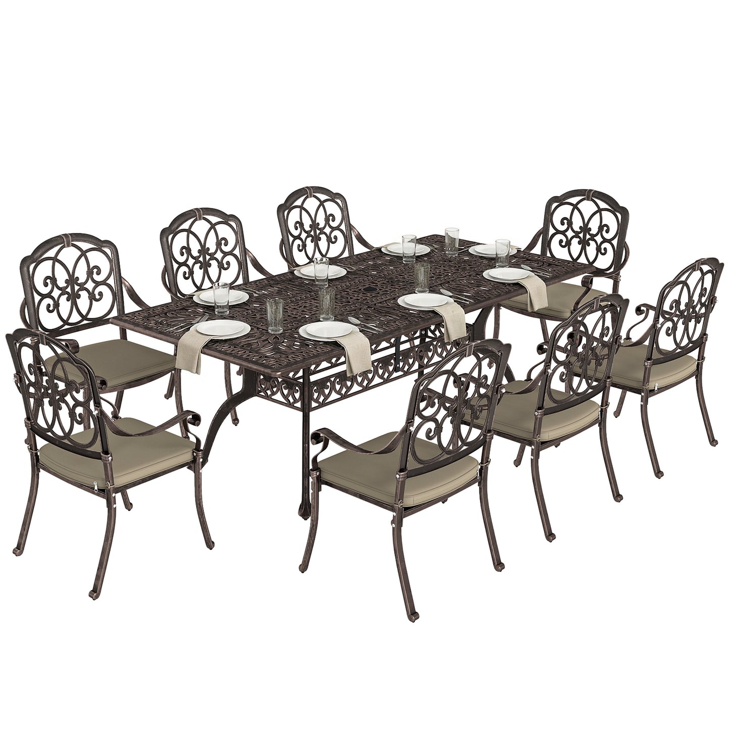 9 Piece Cast Aluminium Garden Dining Set, Garden Table and Chairs Set with Cushions, Parasol Hole for Patio, Bronze Tone