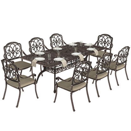 9 Piece Cast Aluminium Garden Dining Set, Garden Table and Chairs Set with Cushions, Parasol Hole for Patio, Bronze Tone