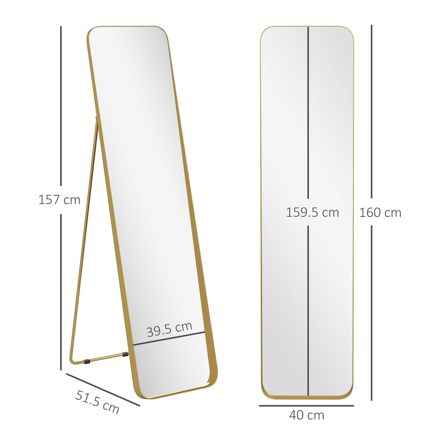 Rectangular Full Length Mirror for Bedroom, 40 x 160 cm, Gold Tone