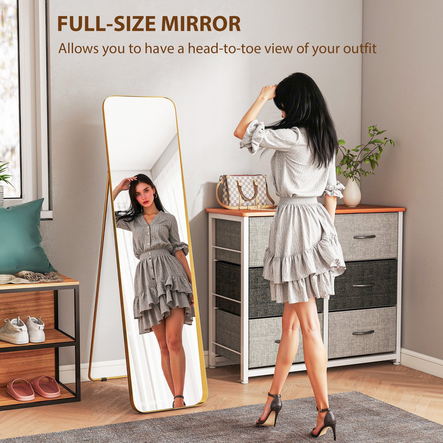 Rectangular Full Length Mirror for Bedroom, 40 x 160 cm, Gold Tone