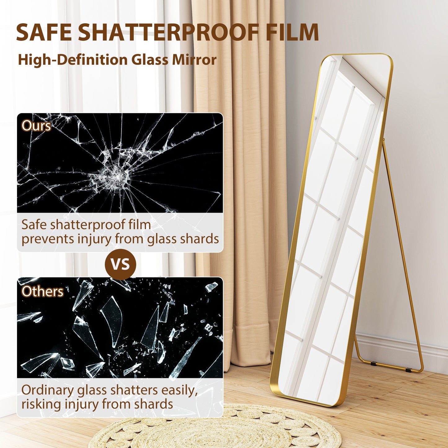 Rectangular Full Length Mirror for Bedroom, 40 x 160 cm, Gold Tone