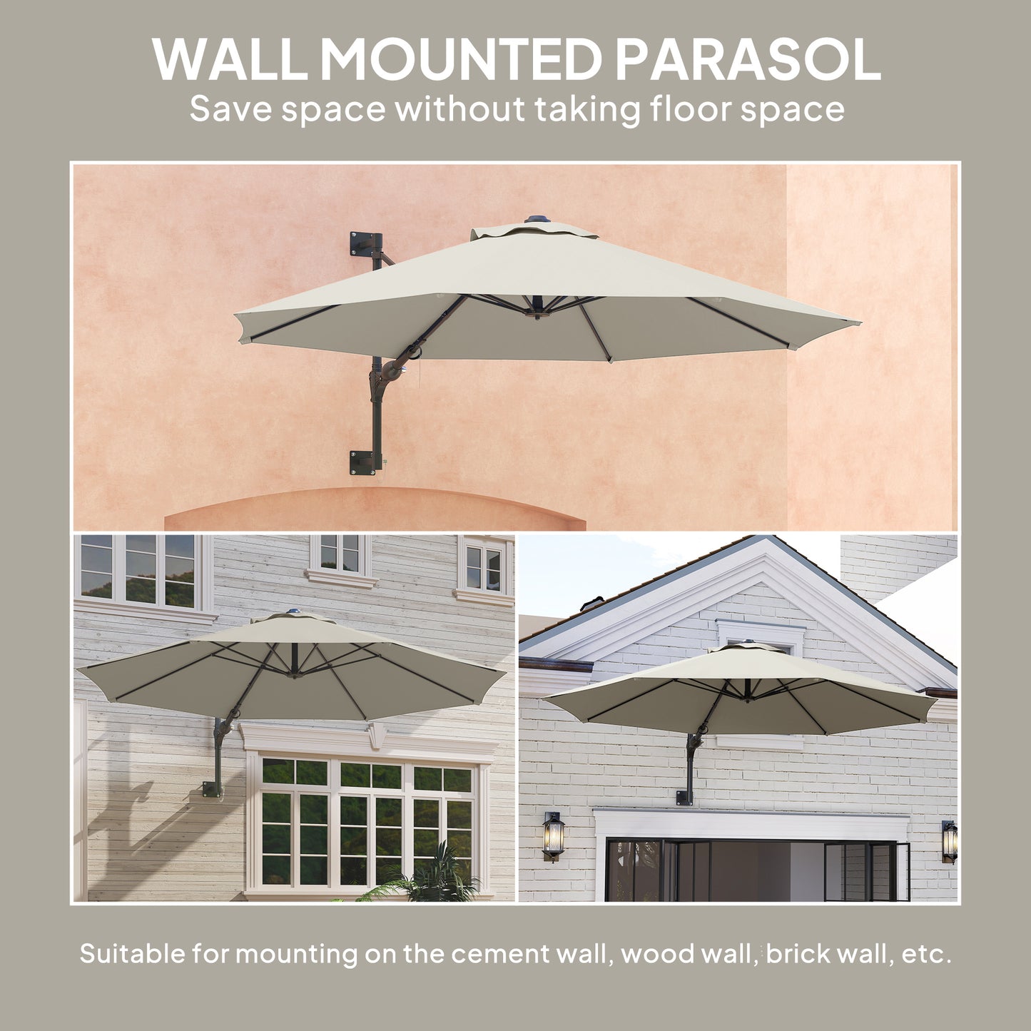 Sun Parasol with Vent, Wall Umbrella for Patio, Garden, Pool, Grey