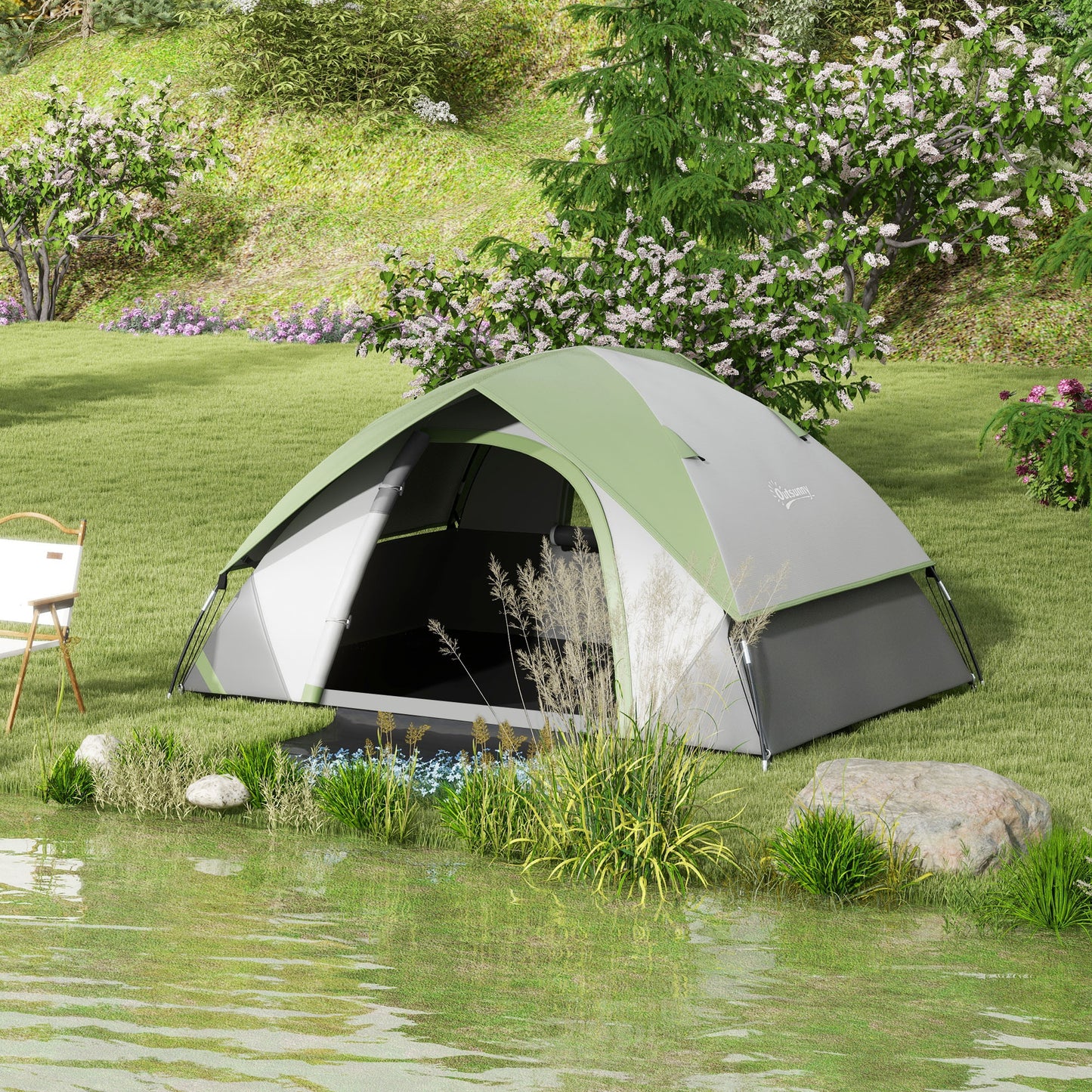 2 Man Camping Tent w/ Sewn-in Groundsheet, 3000mm Waterproof, Green