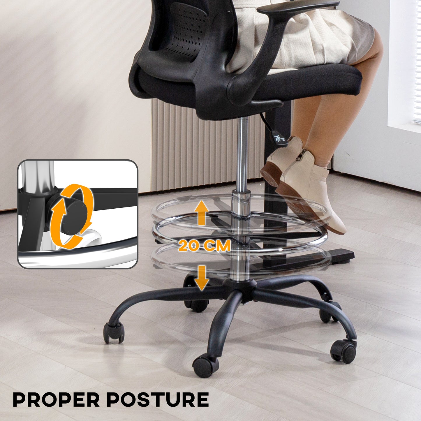 Mesh Draughtsman Chair, Ergonomic Drafting Chair, Black