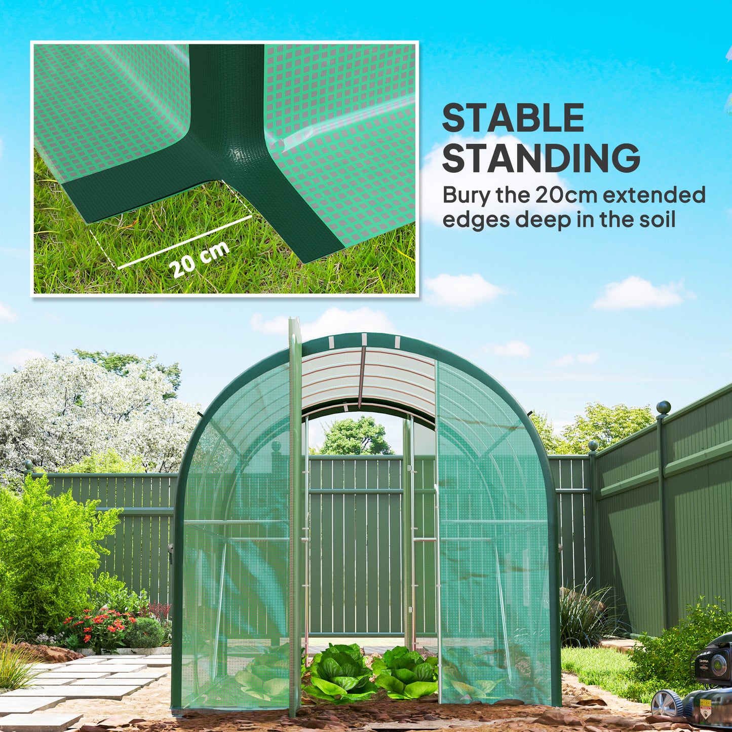 Tunnel Greenhouse Upgraded Structure, Hinged Doors, 3 x 2(m), Green