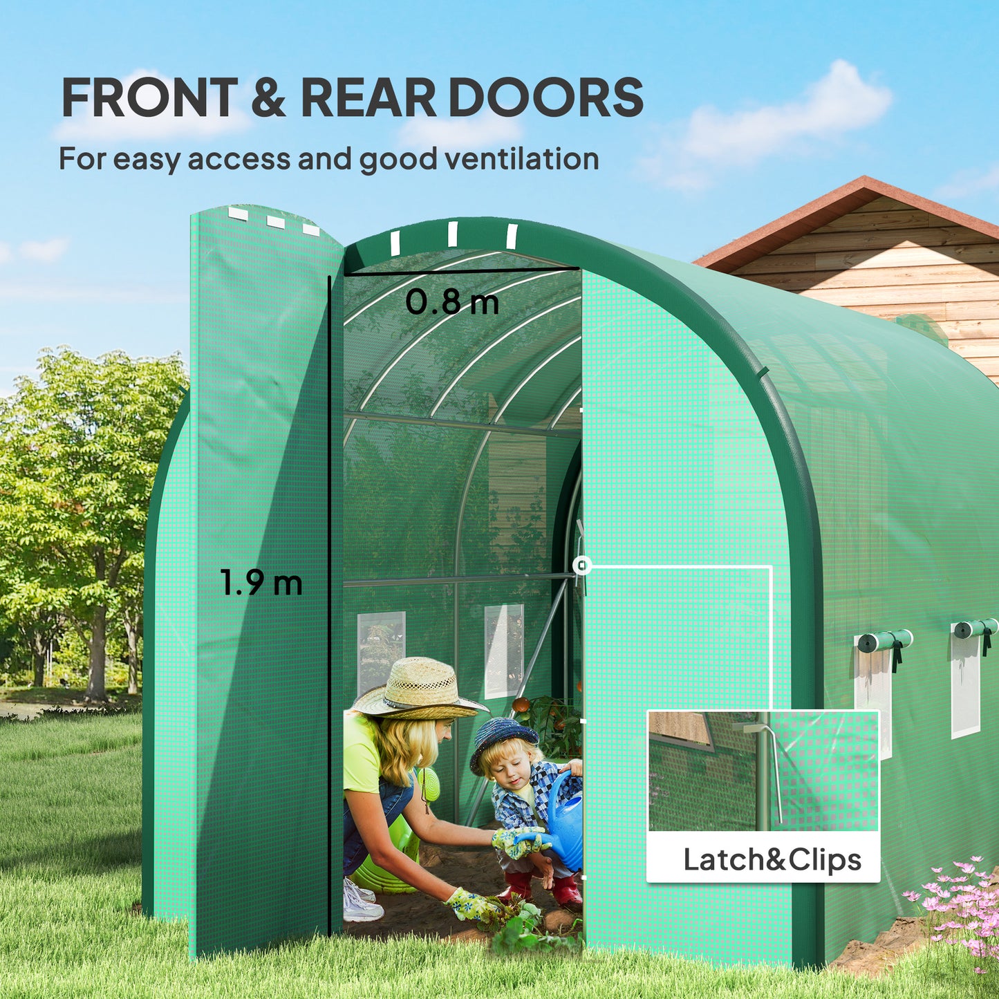 Tunnel Greenhouse Upgraded Structure, Hinged Doors, 3 x 2(m), Green