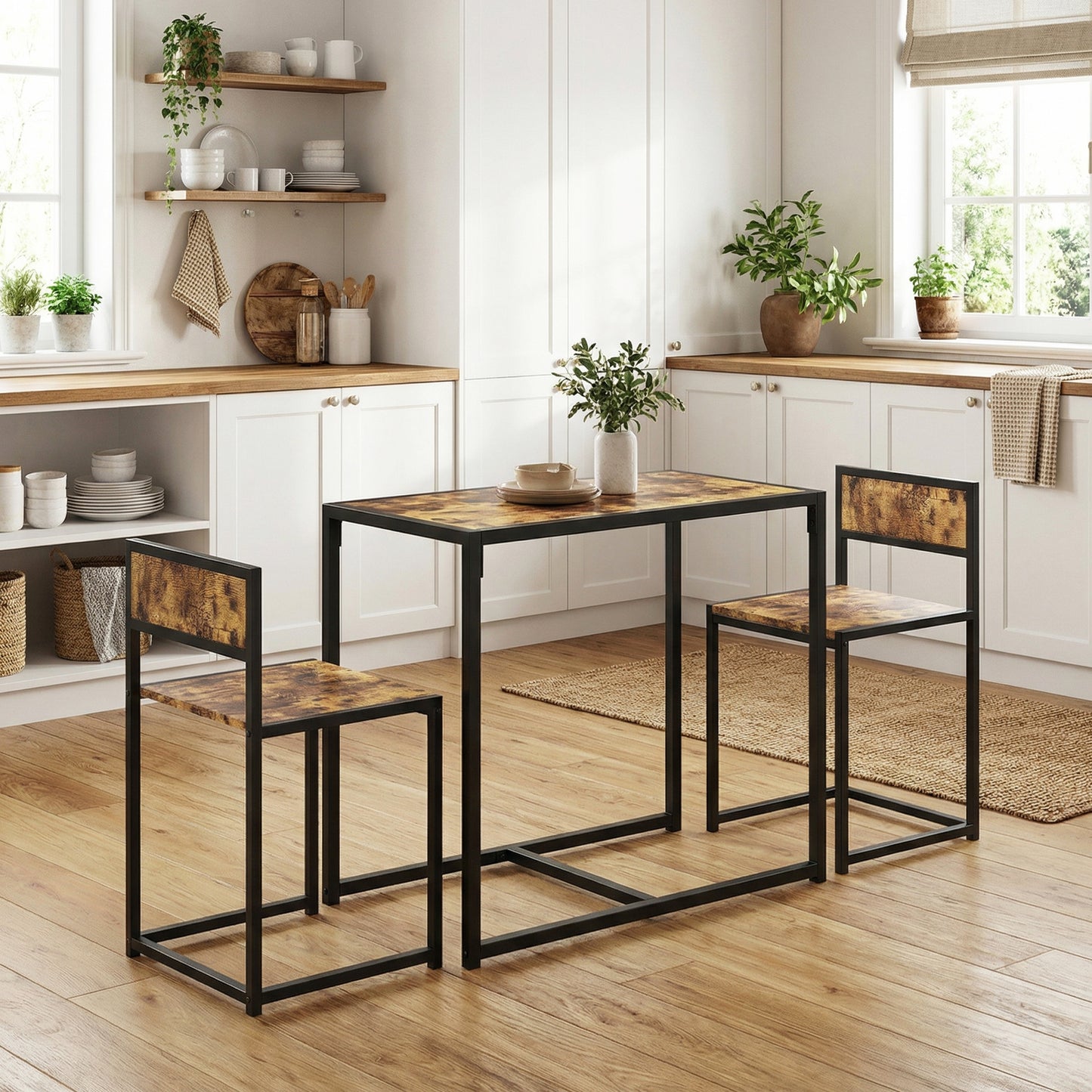 3 Piece Dining Table Set with Metal Frame Rustic Brown