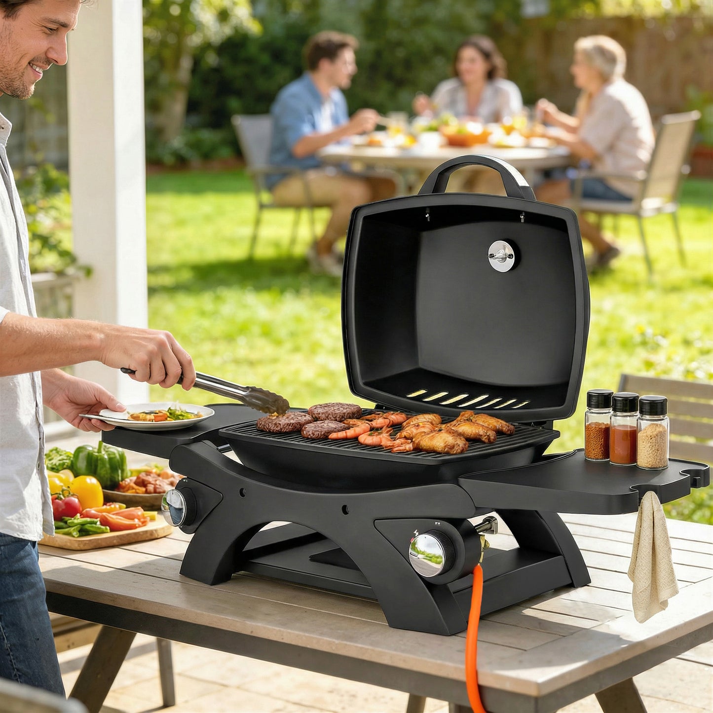 2 Burner Gas Grill, Tabletop BBQ with Cast Iron Grates, Black