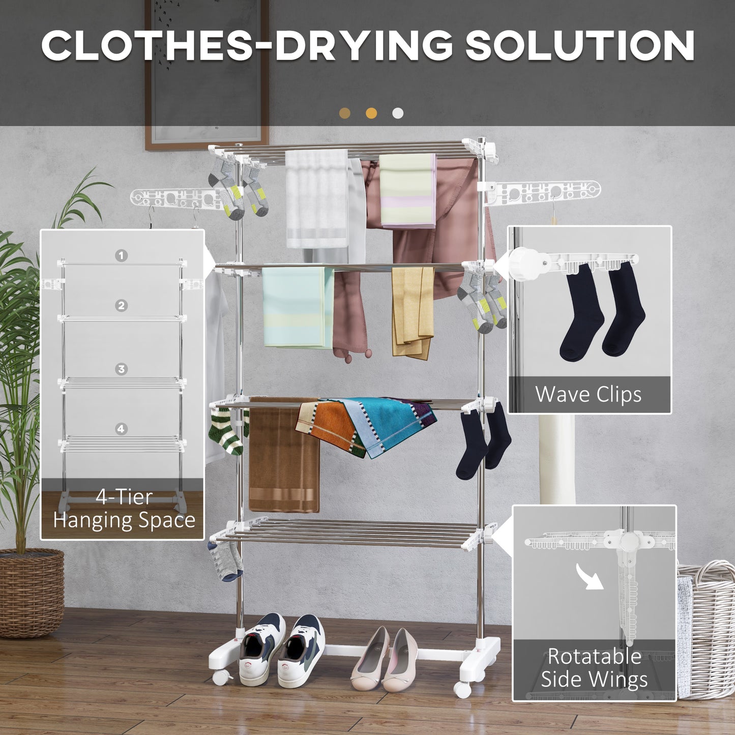 4-Tier Large Clothes Airer Stainless Steel Clothes Drying Rack White