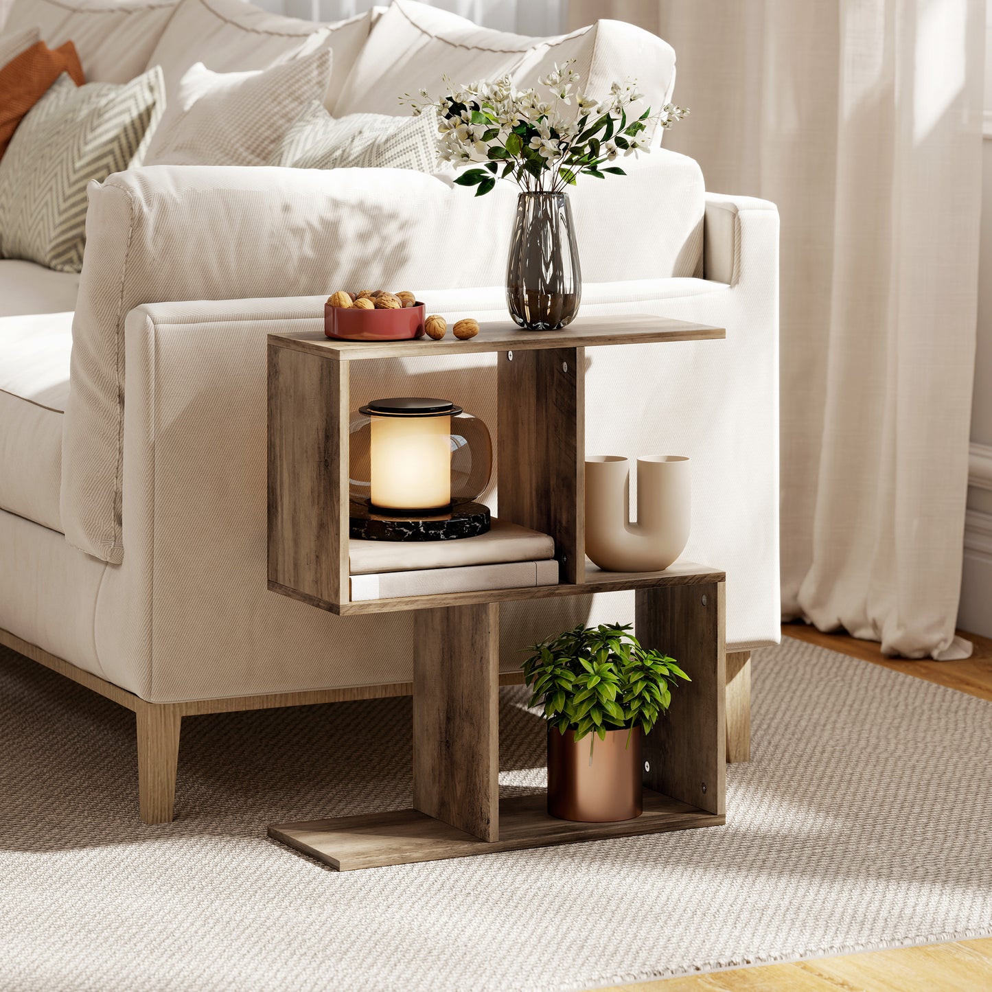 Side Table, Narrow End Table with Storage Shelves, Oak