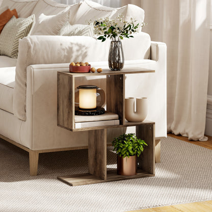 Side Table, Narrow End Table with Storage Shelves, Oak