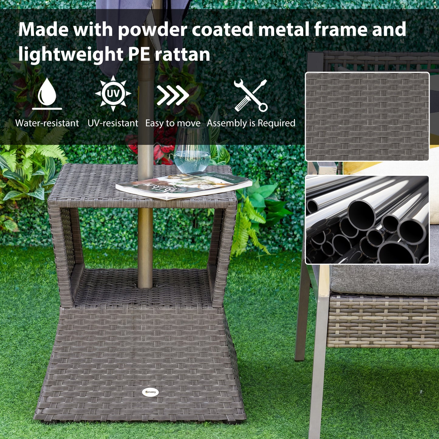 Rattan Wicker Tea Coffee Table w/ Umbrella Hole Dark Grey