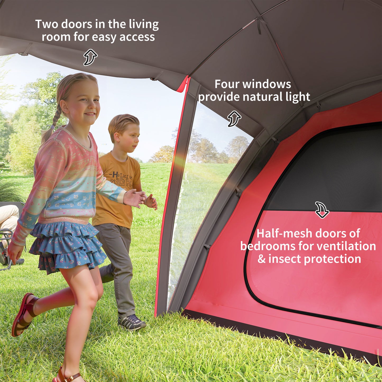 4-6 Man Family Camping Tent w/ 2 Bedrooms, a Living Room, Grey
