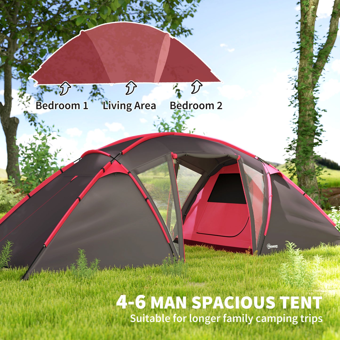 4-6 Man Family Camping Tent w/ 2 Bedrooms, a Living Room, Grey