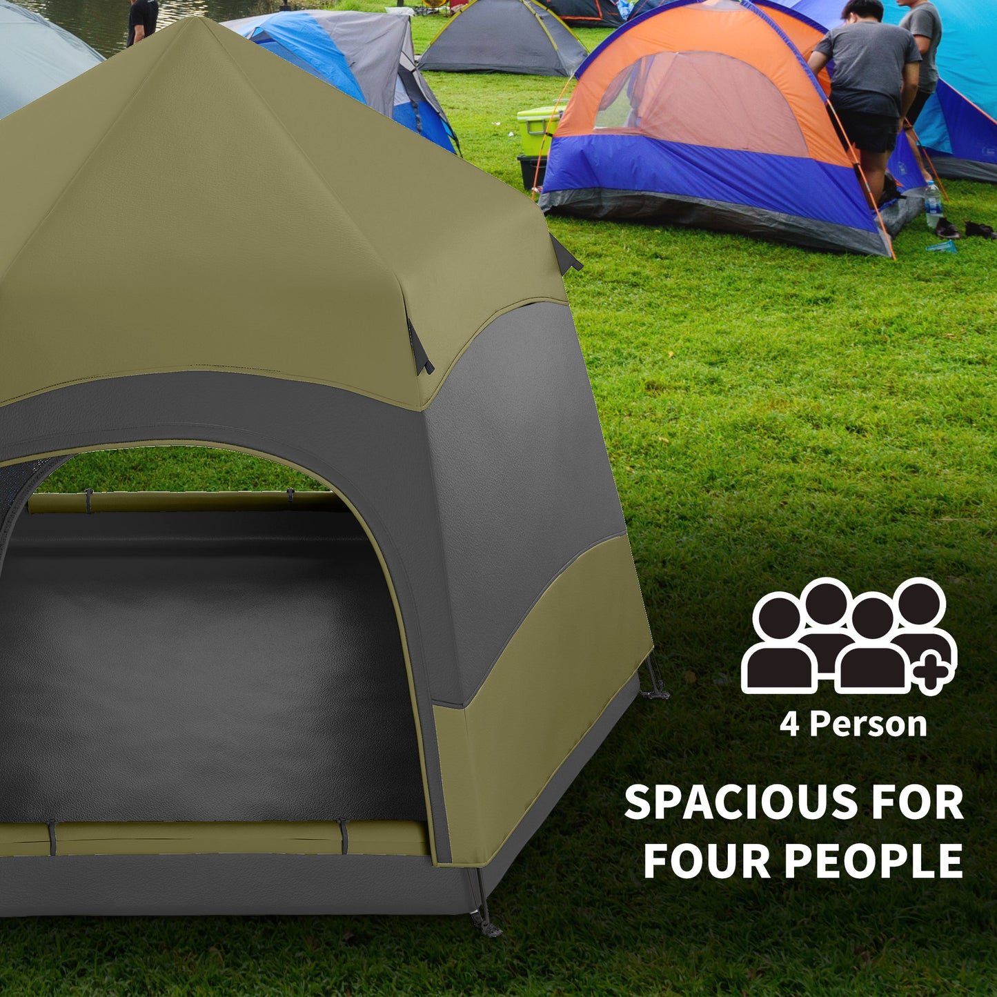 4 Person Camping Tent Festival Hiking Shelter, Dark Green