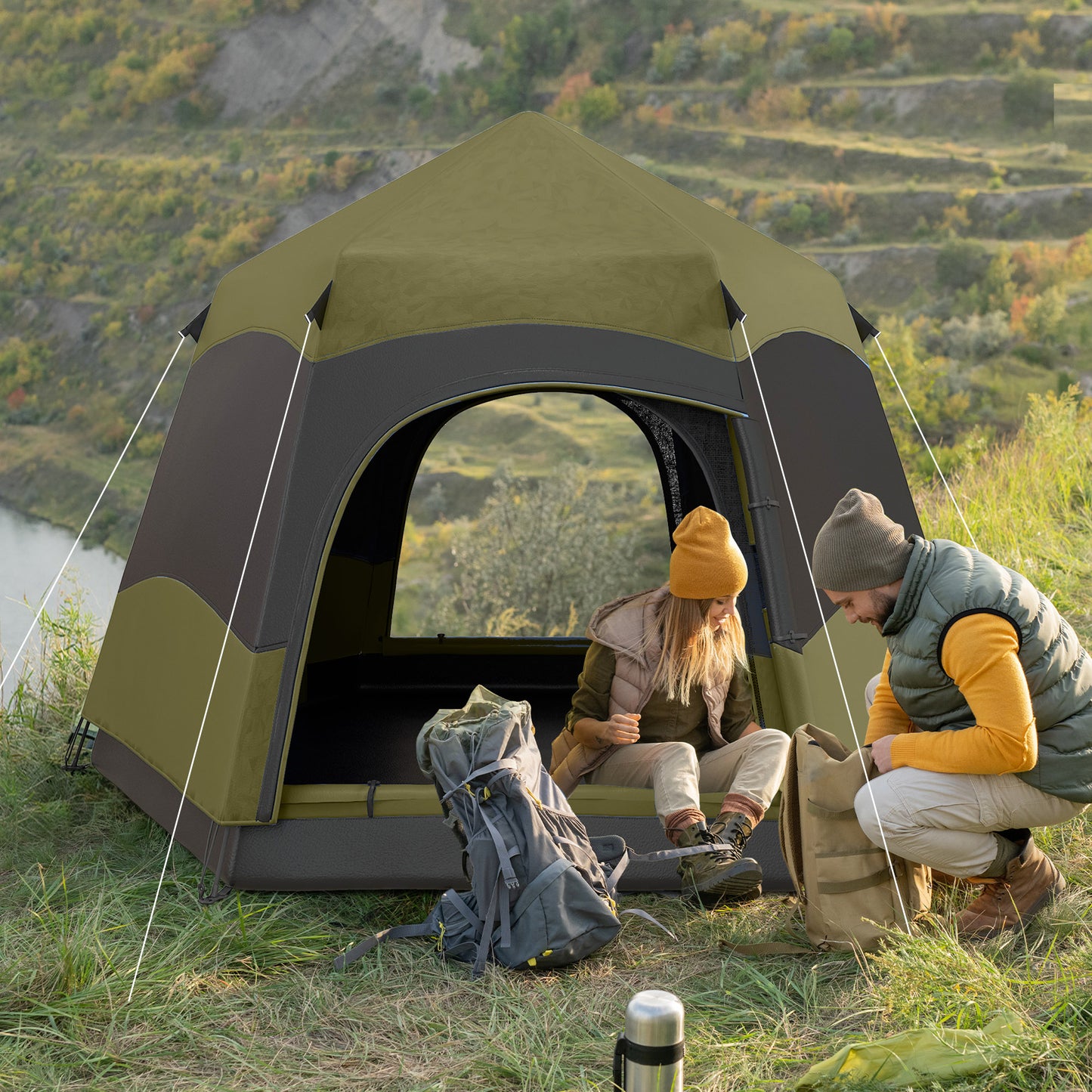 4 Person Camping Tent Festival Hiking Shelter, Dark Green