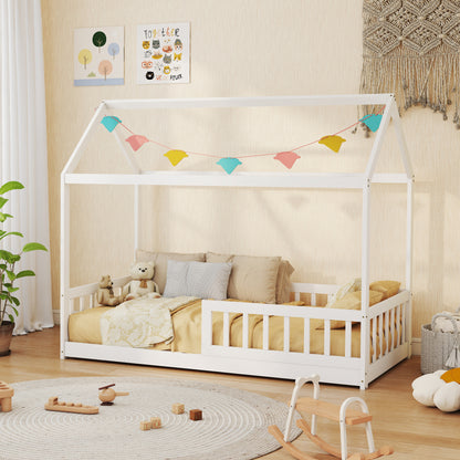 House-Shaped Kids Bed Frame with Safety Fence for Boys Girls, White