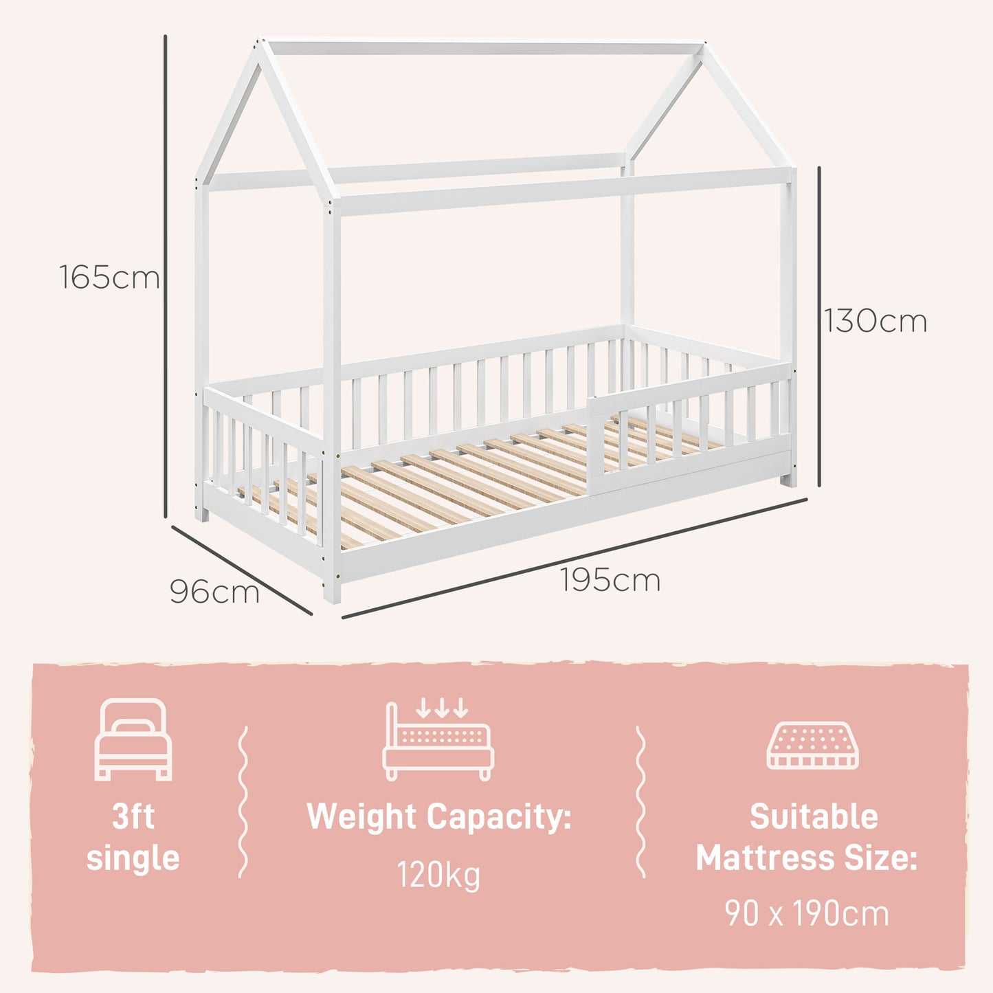 House-Shaped Kids Bed Frame with Safety Fence for Boys Girls, White