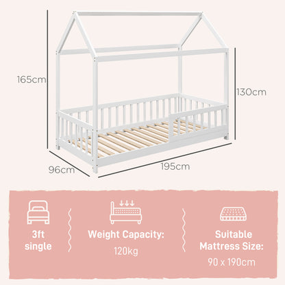 House-Shaped Kids Bed Frame with Safety Fence for Boys Girls, White