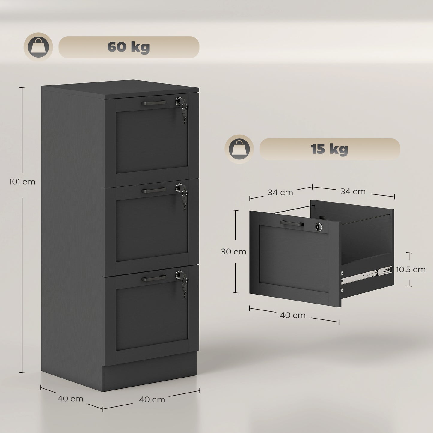 3-Drawer File Cabinet, Lockable Filing Cabinet for A4 Letter, Black