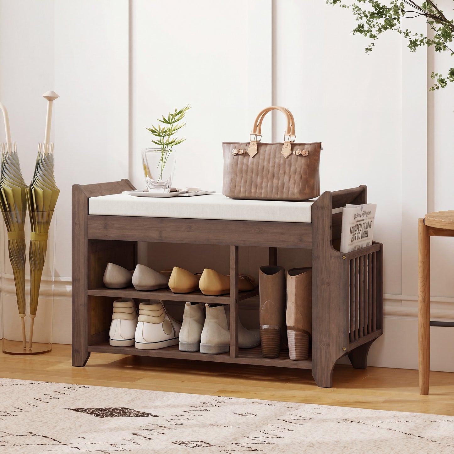 Shoe Bench with Cushioned Seat, Shoe Storage Bench with Side Holder and Boot Section, 2-Tier Natural Bamboo Entryway Rack for Hallway, Living Room, 80 x 30 x 50 cm, Dark Brown and Cream