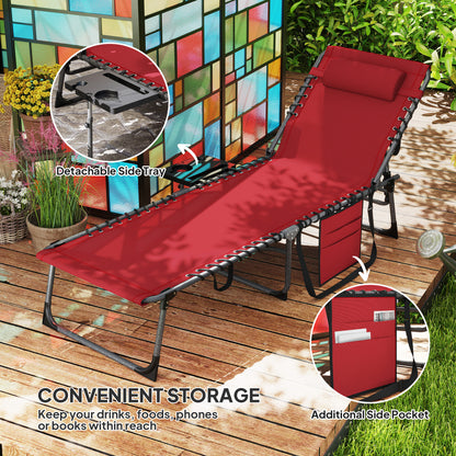 Folding Sun Lounger with 5-Level Reclining Back, Side Table, Red