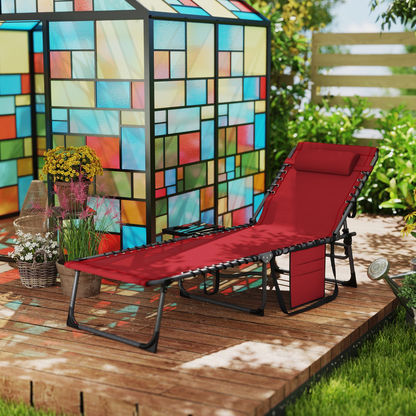 Folding Sun Lounger with 5-Level Reclining Back, Side Table, Red