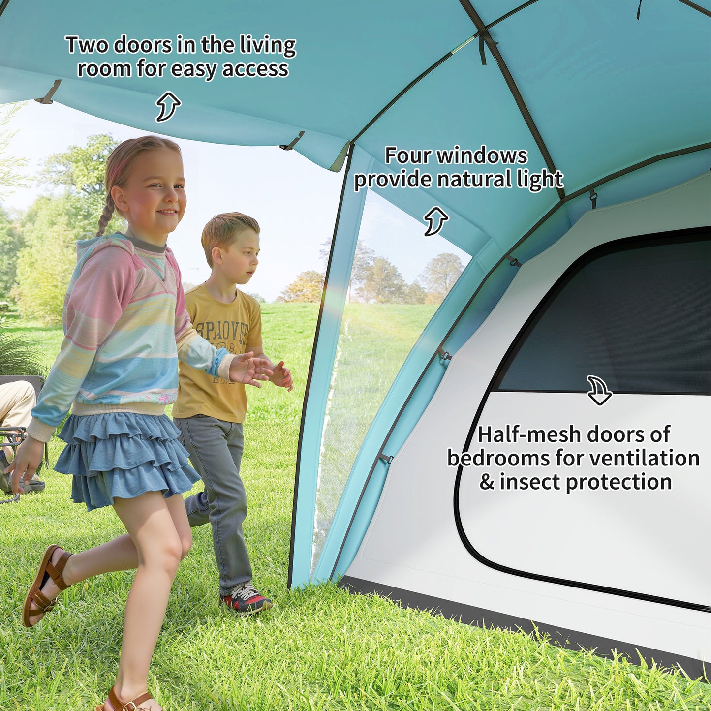 4-6 Man Family Camping Tent w/ 2 Bedrooms, a Living Room, Blue