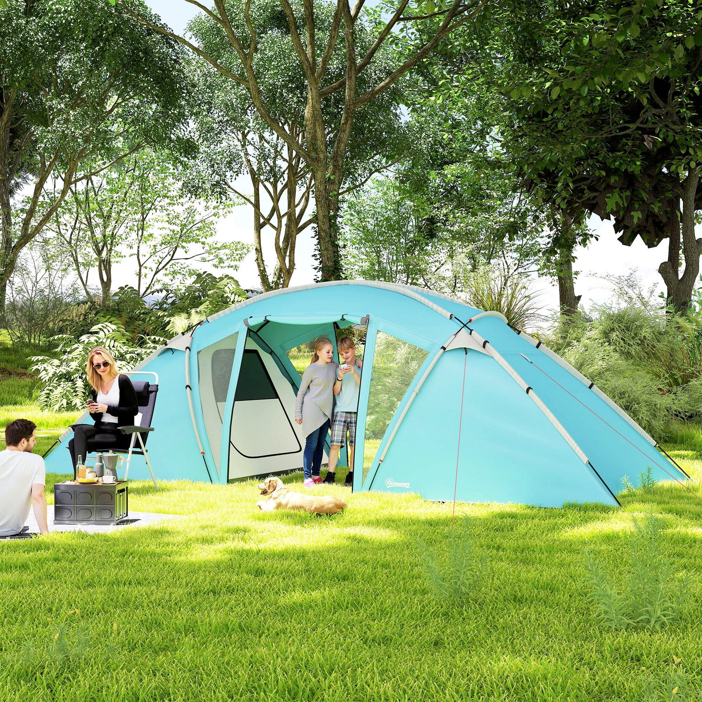 4-6 Man Family Camping Tent w/ 2 Bedrooms, a Living Room, Blue