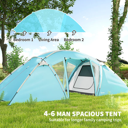 4-6 Man Family Camping Tent w/ 2 Bedrooms, a Living Room, Blue